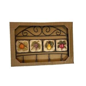 NIB Resin & Metal Wall Hanging w/4 Hooks Fruits Kitchen Rustic Farmcore Decor